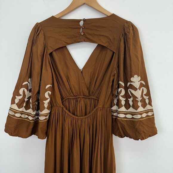 Anthropologie Let Me Be Women’s Bronze Embroidered Open-Back Maxi Dress - Picture 12 of 12